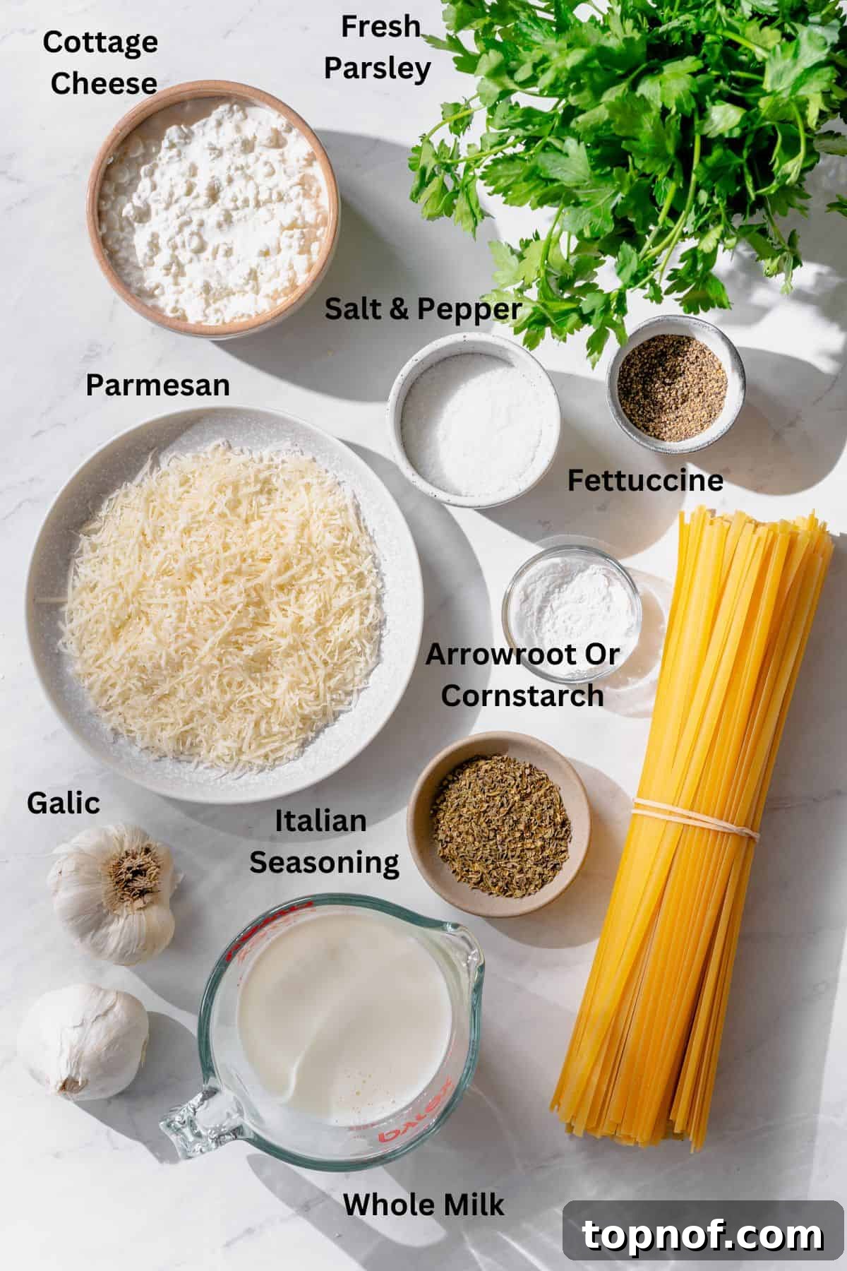 Ingredients needed on a counter neatly laid out in bowls to make Cottage Cheese Alfredo Sauce.