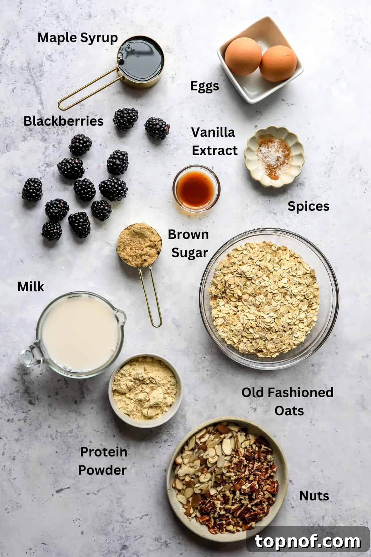 Berry Bliss Baked Oatmeal 3 An aesthetically pleasing arrangement of individual glass bowls and measuring cups showcasing the fresh ingredients required for Blackberry Baked Oatmeal, including oats, cinnamon, blackberries, and nuts.