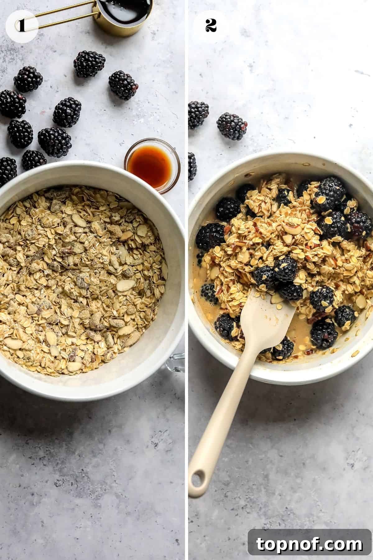 Berry Bliss Baked Oatmeal 4 A pristine white ceramic bowl filled with the meticulously mixed dry ingredients for blackberry baked oatmeal, ready for the wet ingredients to be added.