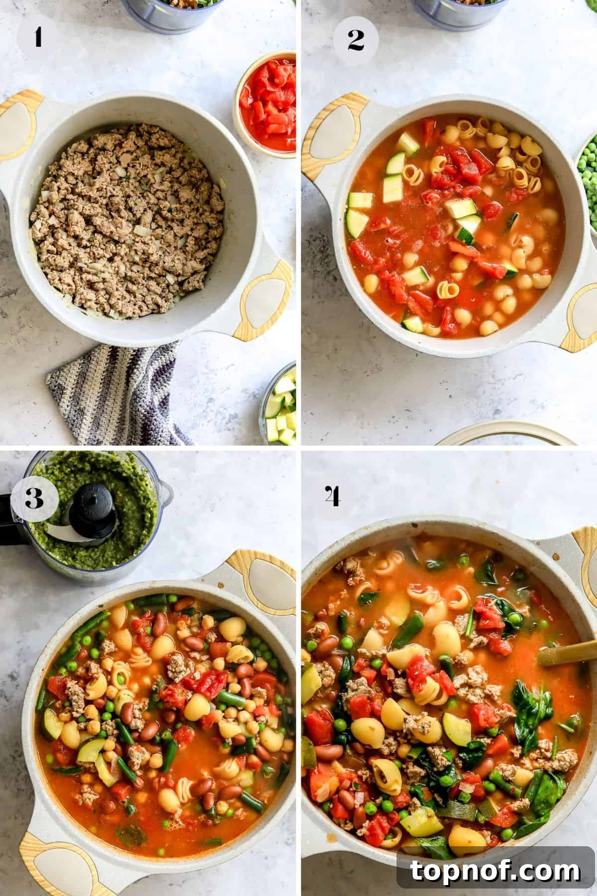 Hearty Turkey Minestrone 4 The cooking process of Minestrone Soup with Ground Turkey demonstrated in a large soup pot, showing vegetables and meat sautéing.