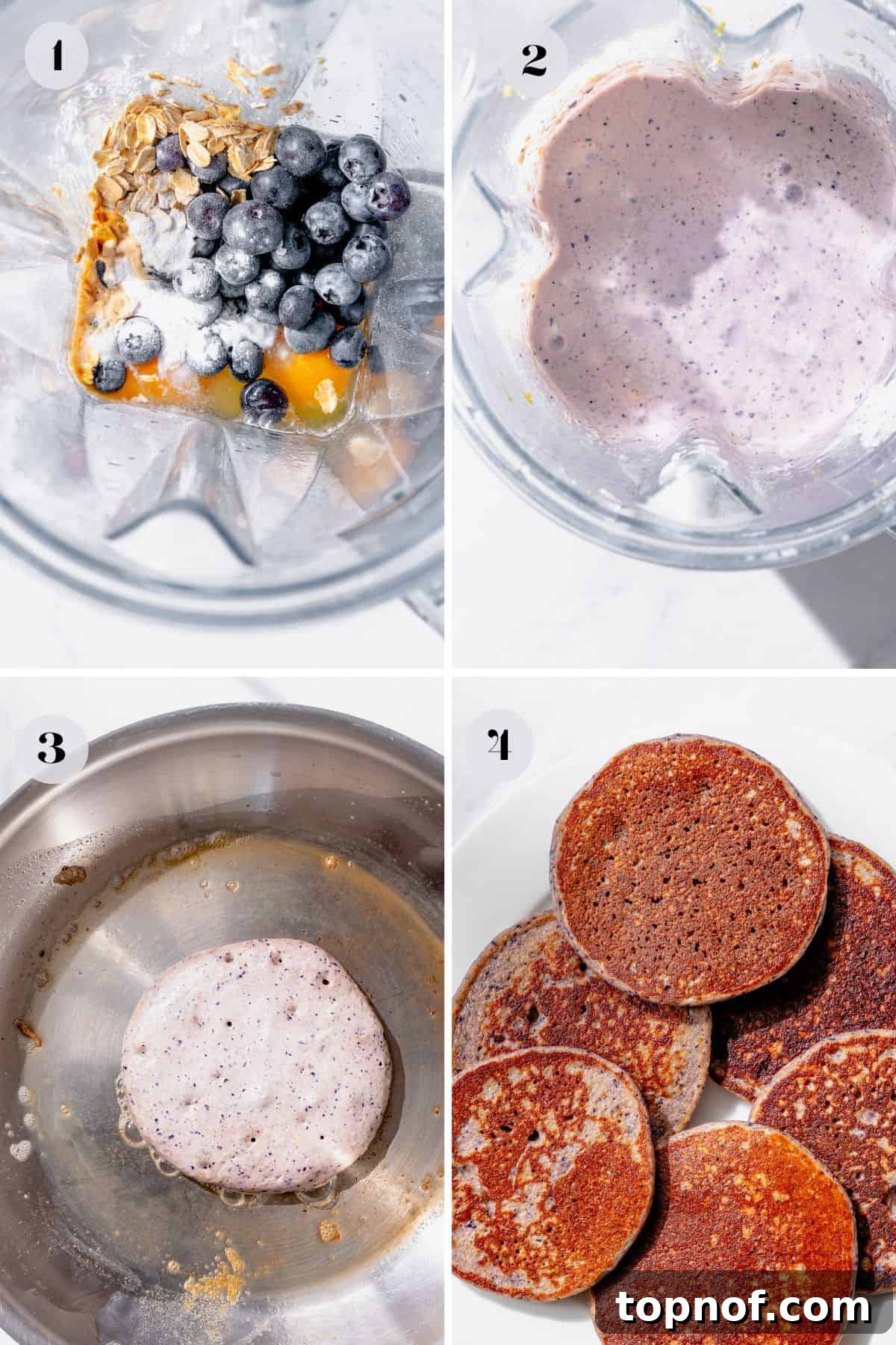 Zesty Lemon Blueberry Protein Pancakes 4 Collage showing steps to make lemon blueberry protein pancakes: blending ingredients, resting batter, cooking on a griddle, and finally serving.