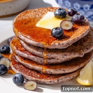Protein Pancakes on a white plate with blueberries and cottager cheese.