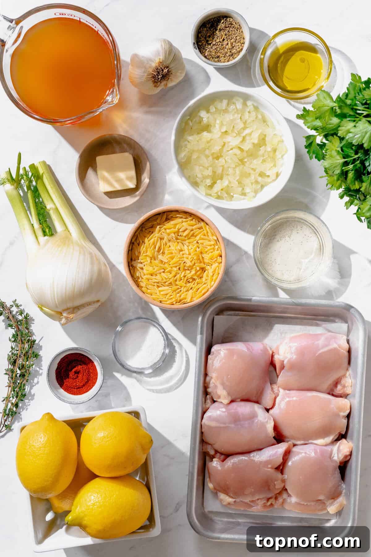 Zesty Lemon Chicken and Orzo 3 Fresh ingredients laid out for Lemon chicken and orzo skillet: chicken thighs, lemons, fennel, garlic, orzo, herbs, and seasonings.