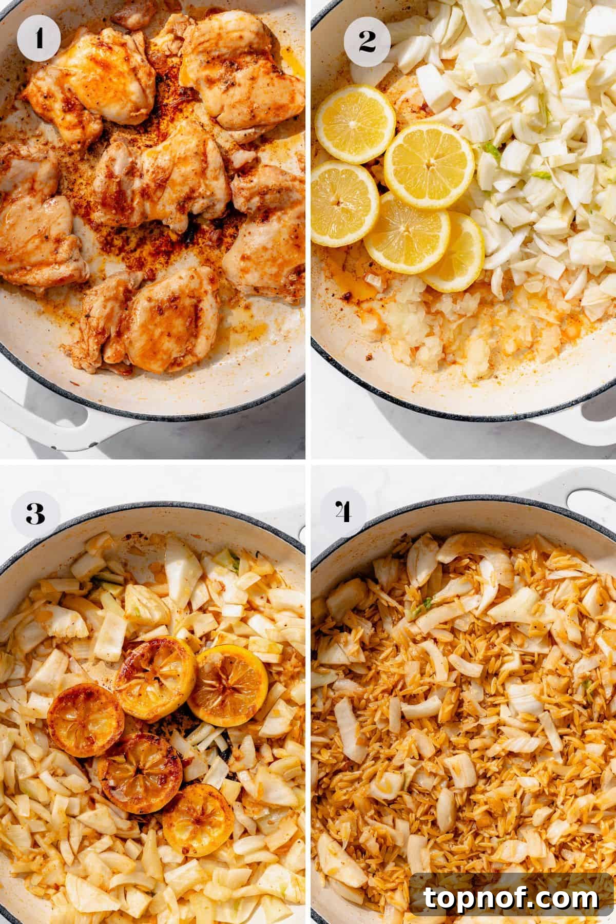 Zesty Lemon Chicken and Orzo 4 A visual progression of steps to make juicy roasted chicken thighs with lemon and orzo pasta, showing searing, adding vegetables, and roasting in a skillet.