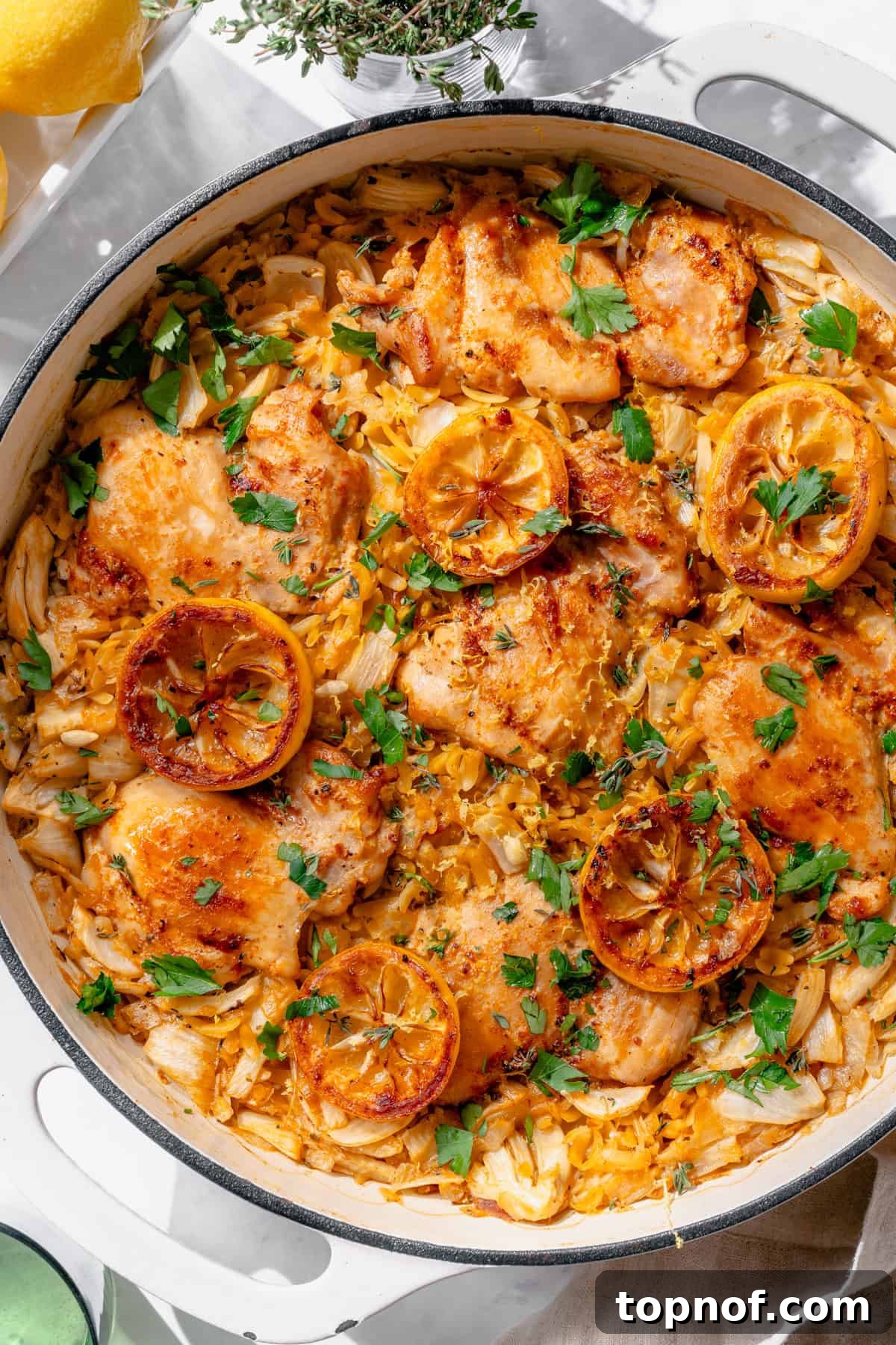 Zesty Lemon Chicken and Orzo 5 A comforting close-up of lemon chicken and orzo pasta dinner in a skillet, adorned with fresh herbs and roasted lemon slices.