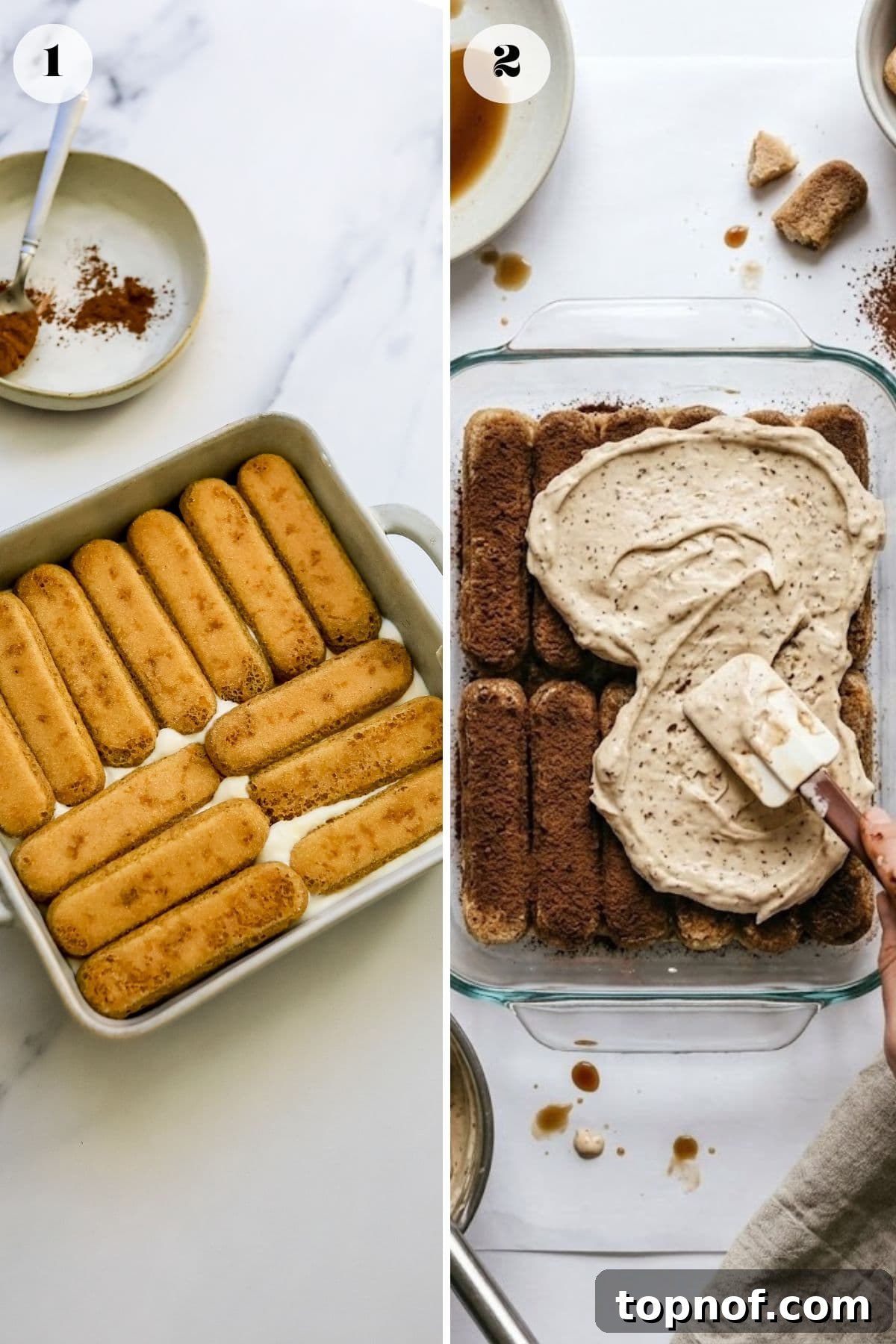 Decadent Protein Tiramisu 4 Individual steps of assembling the tiramisu in a ceramic baking dish, showing layers of ladyfingers and cream.