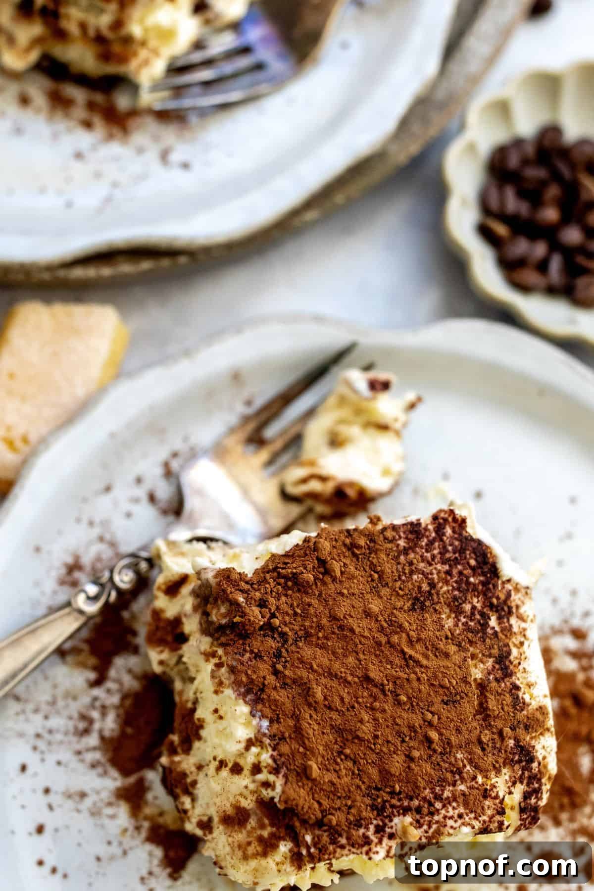 Decadent Protein Tiramisu 5 A large baking dish filled with freshly made tiramisu, clearly showing the distinct layers of coffee-soaked ladyfingers and creamy white filling, dusted with cocoa powder and ready to serve.