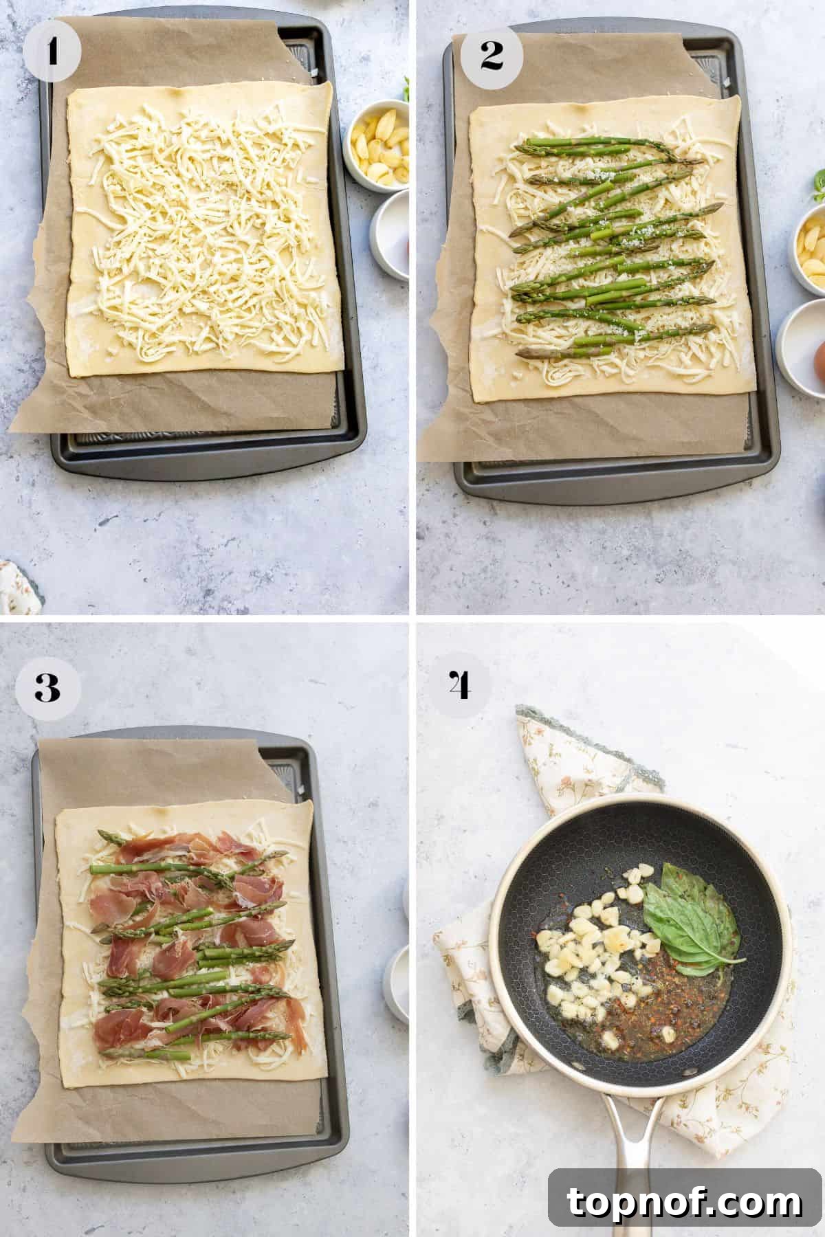 Golden Asparagus Bites 4 Steps to make this recipe on a baking sheet with parchment paper, showing the prepared puff pastry before baking.