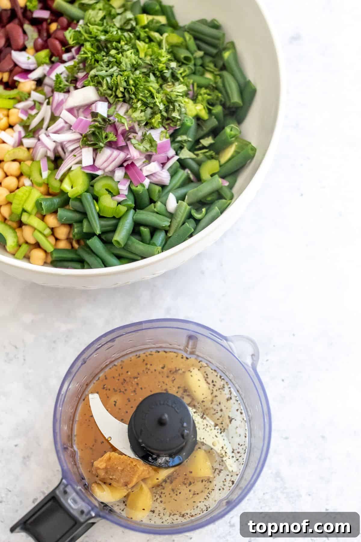 Vibrant Miso Three Bean Salad 4 Illustrated steps to make the three bean salad: fresh ingredients in a large bowl and a small food processor blending the dressing beside it.