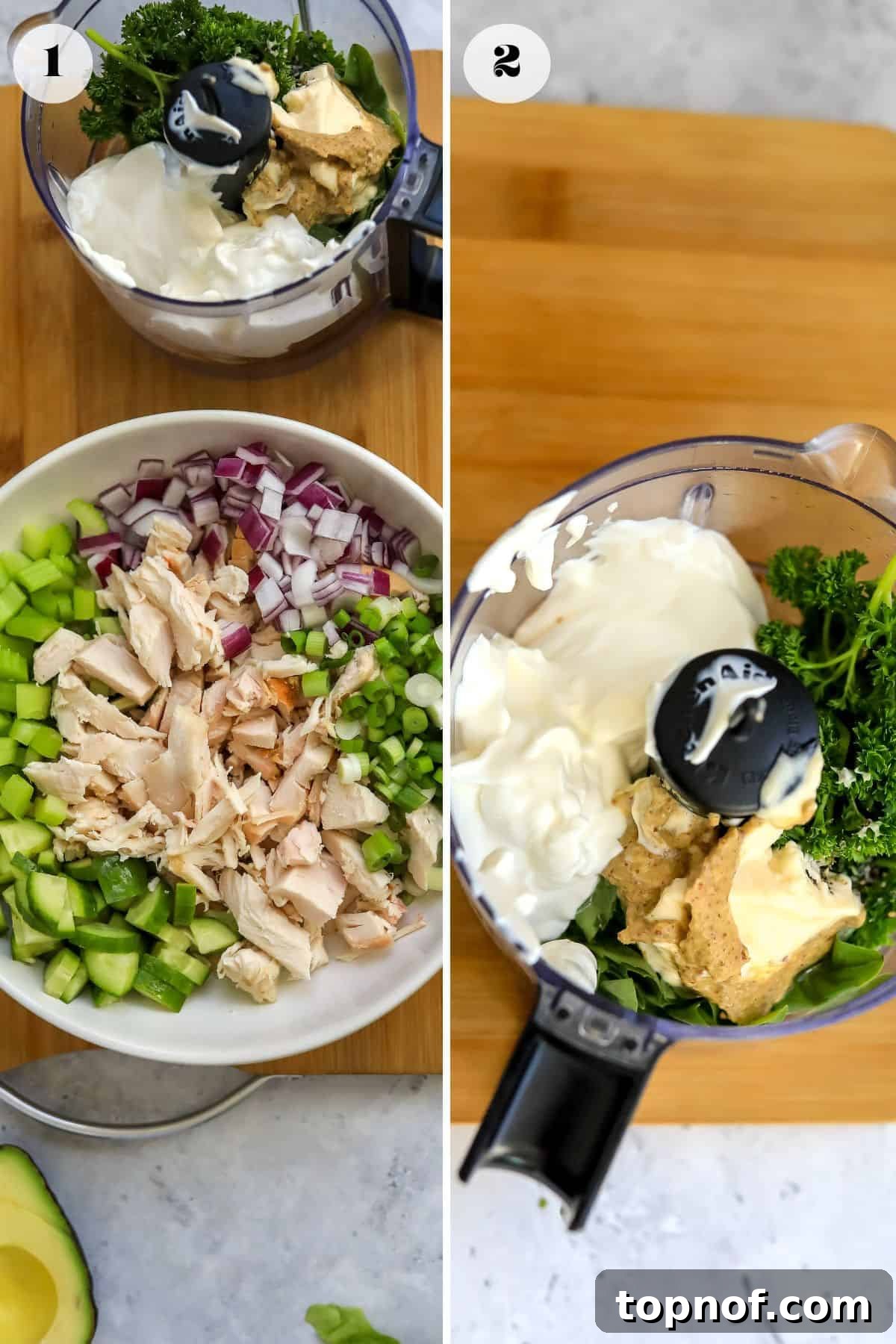 Step-by-step imagery showing the preparation of the Green Goddess Chicken Salad, from blending the dressing to combining ingredients in a bowl.