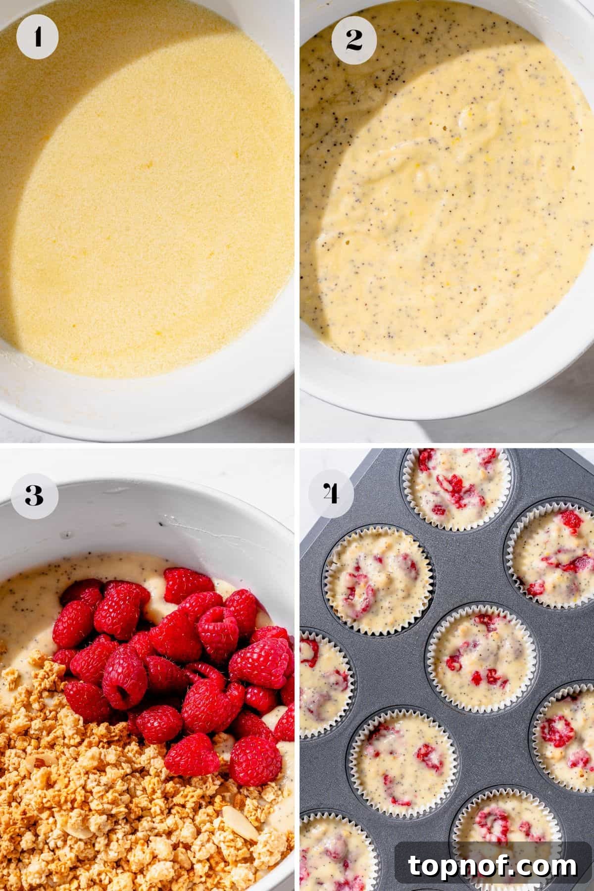 Sunshine Lemon Raspberry Muffins 4 Process shots of making fluffy lemon raspberry muffins with powdered sugar glaze