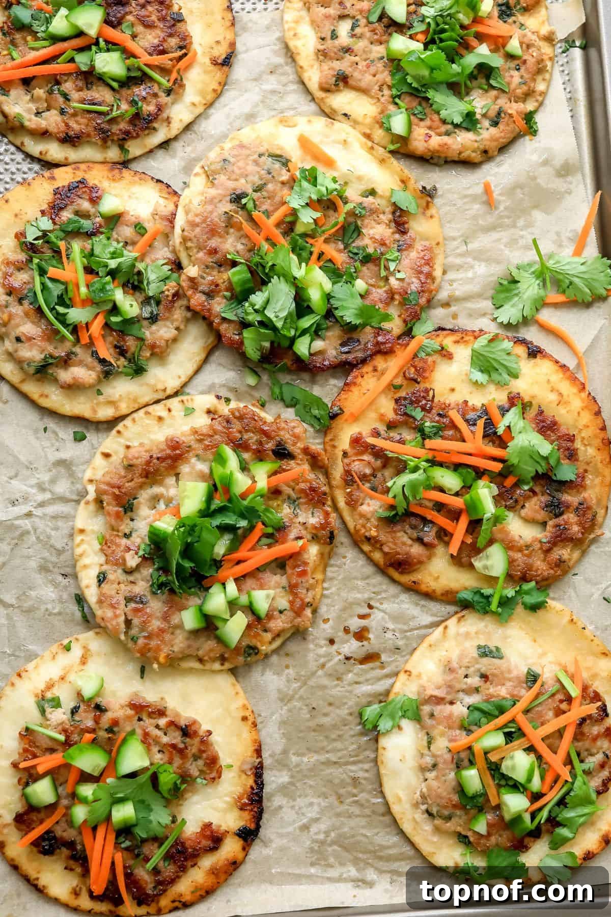 Crispy dumpling tacos artfully arranged on a baking tray, garnished with fresh toppings and a side of savory dipping sauce, showcasing their vibrant colors and appealing texture.