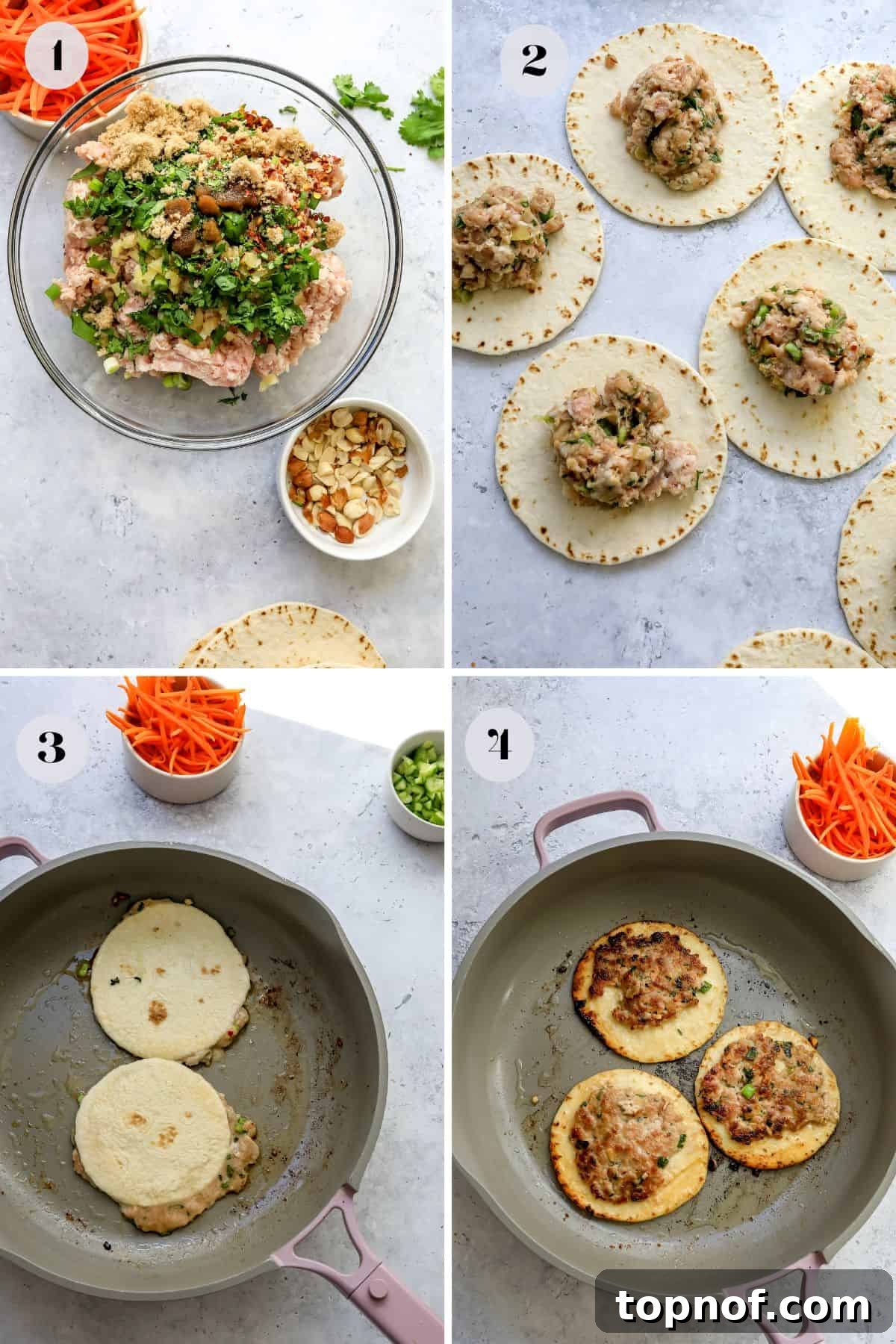 Dynamic sequence of easy steps illustrating the preparation of dumpling tacos in a sleek grey skillet, capturing the process of smashing and cooking.