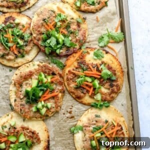 A beautifully arranged image of dumpling tacos on a baking sheet, complete with various toppings and a small bowl of dipping sauce, showcasing the dish's appeal.