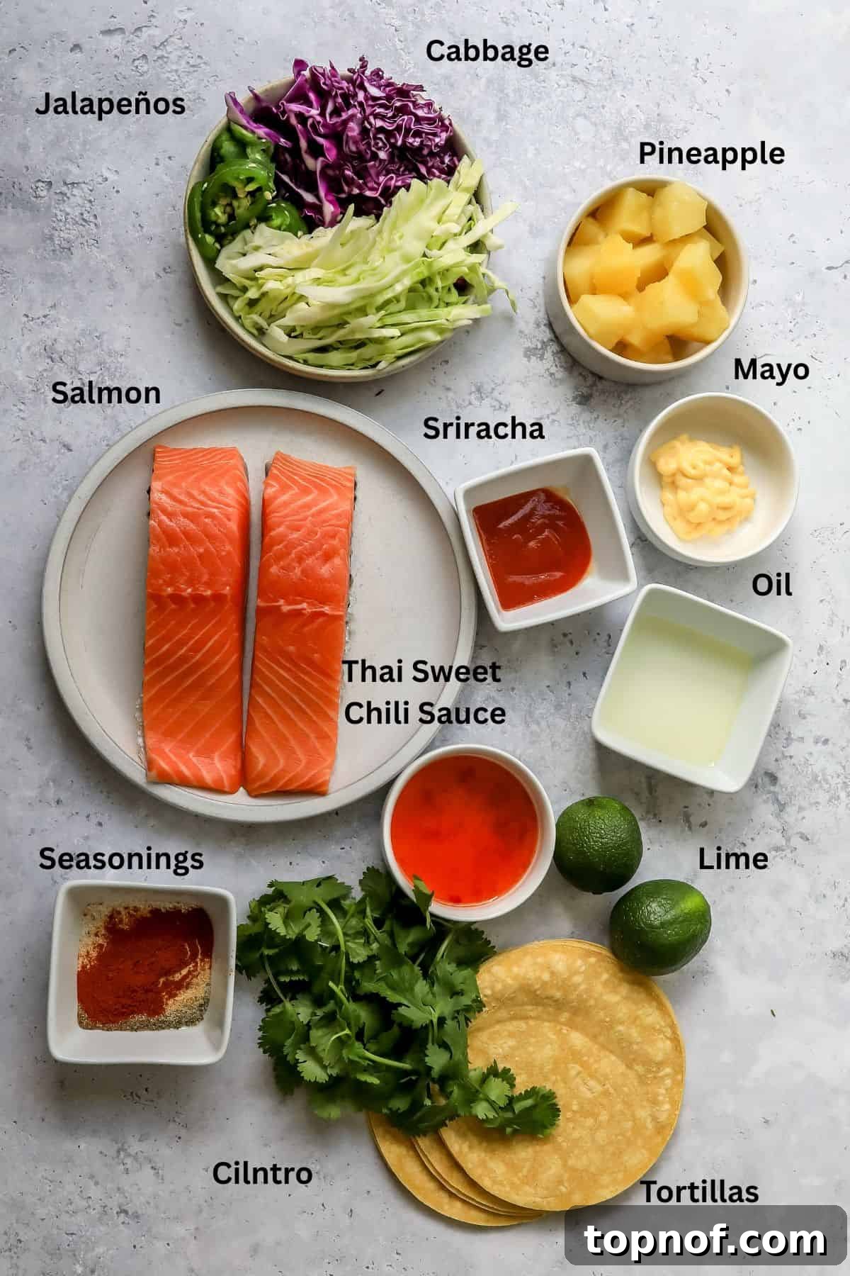 Firecracker Salmon Tacos 3 Fresh ingredients for Bang Bang Salmon Tacos laid out neatly on a kitchen countertop.