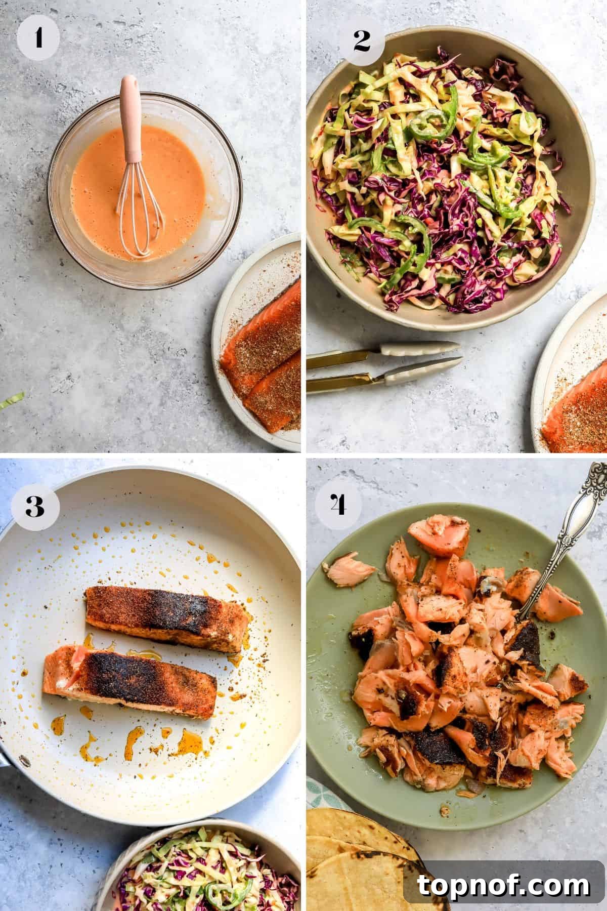 Firecracker Salmon Tacos 4 Different stages of making the Bang Bang Salmon Tacos laid out on a kitchen counter in bowls, showing preparation.