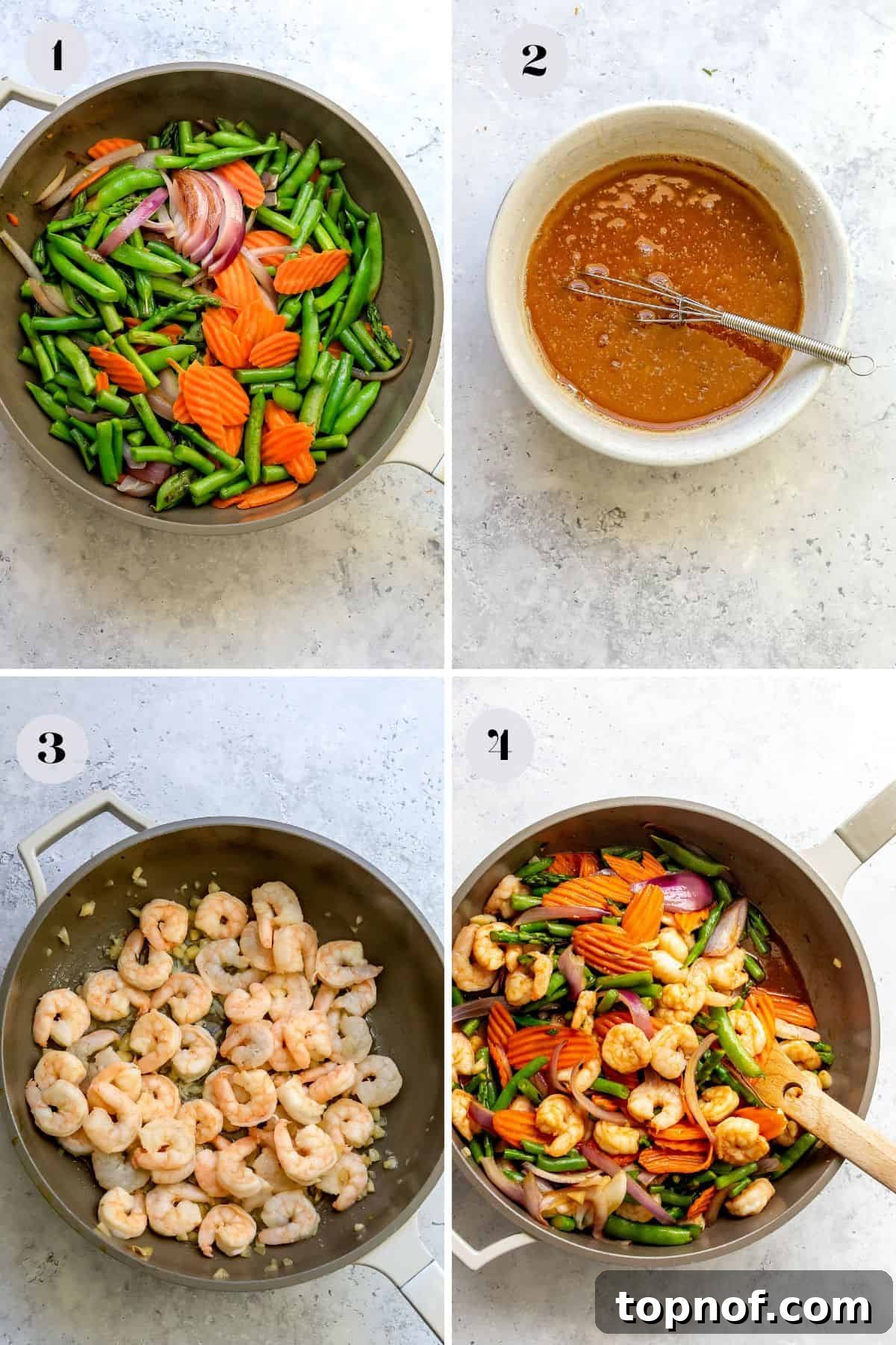 Close-up view of the steps to make garlic shrimp stir fry in a large skillet, with prepped vegetables and sauce bowls arranged around.