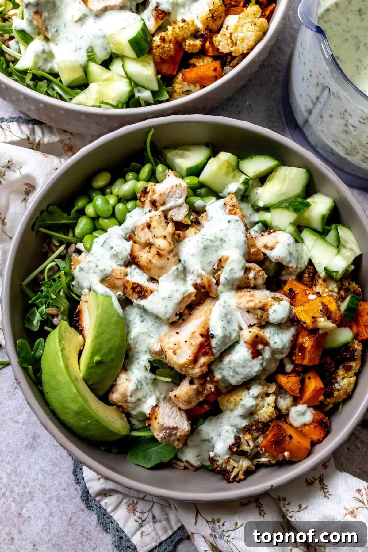 Lemon Garlic Chicken Grain Bowls with Roasted Veggies 2 Grey bowls with chicken power bowls in them and dressed with sauce.