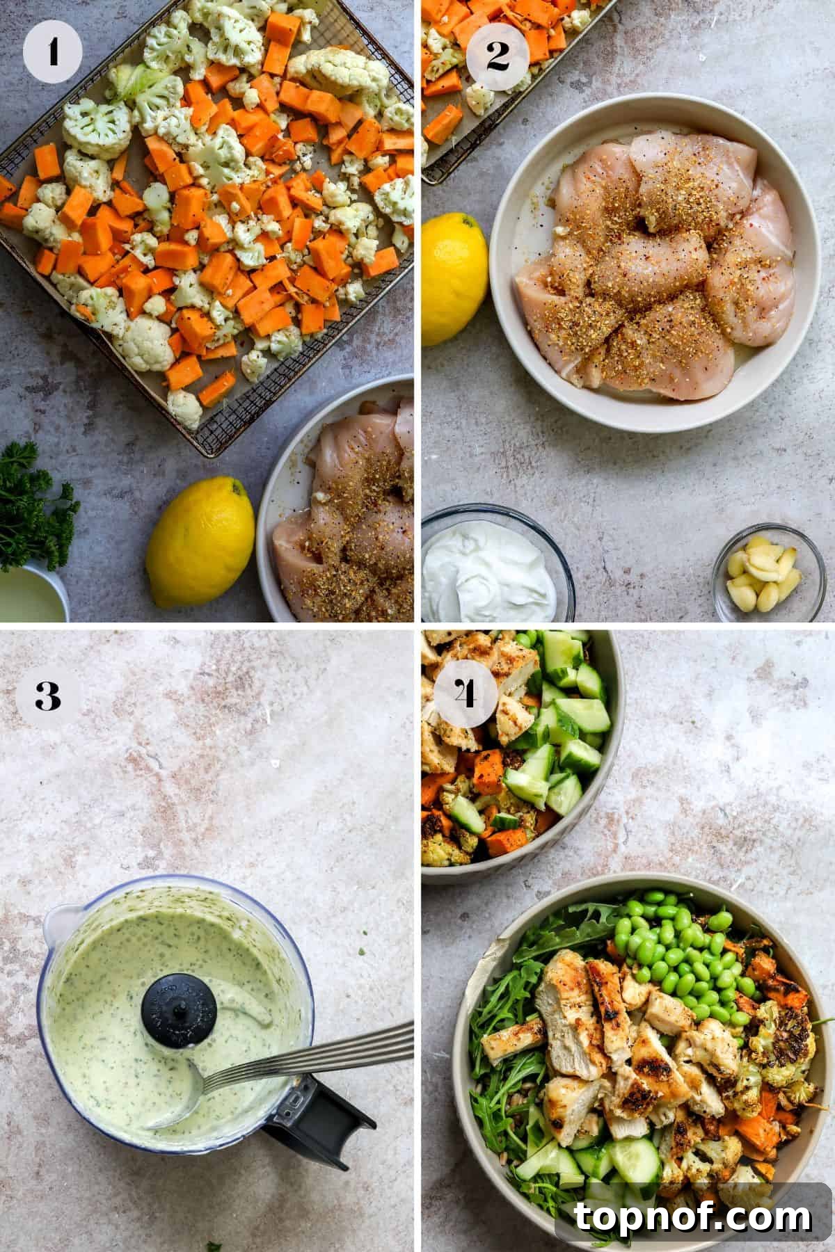 Lemon Garlic Chicken Grain Bowls with Roasted Veggies 4 Steps to make this recipe on a counter in large bowl with chicken in it.