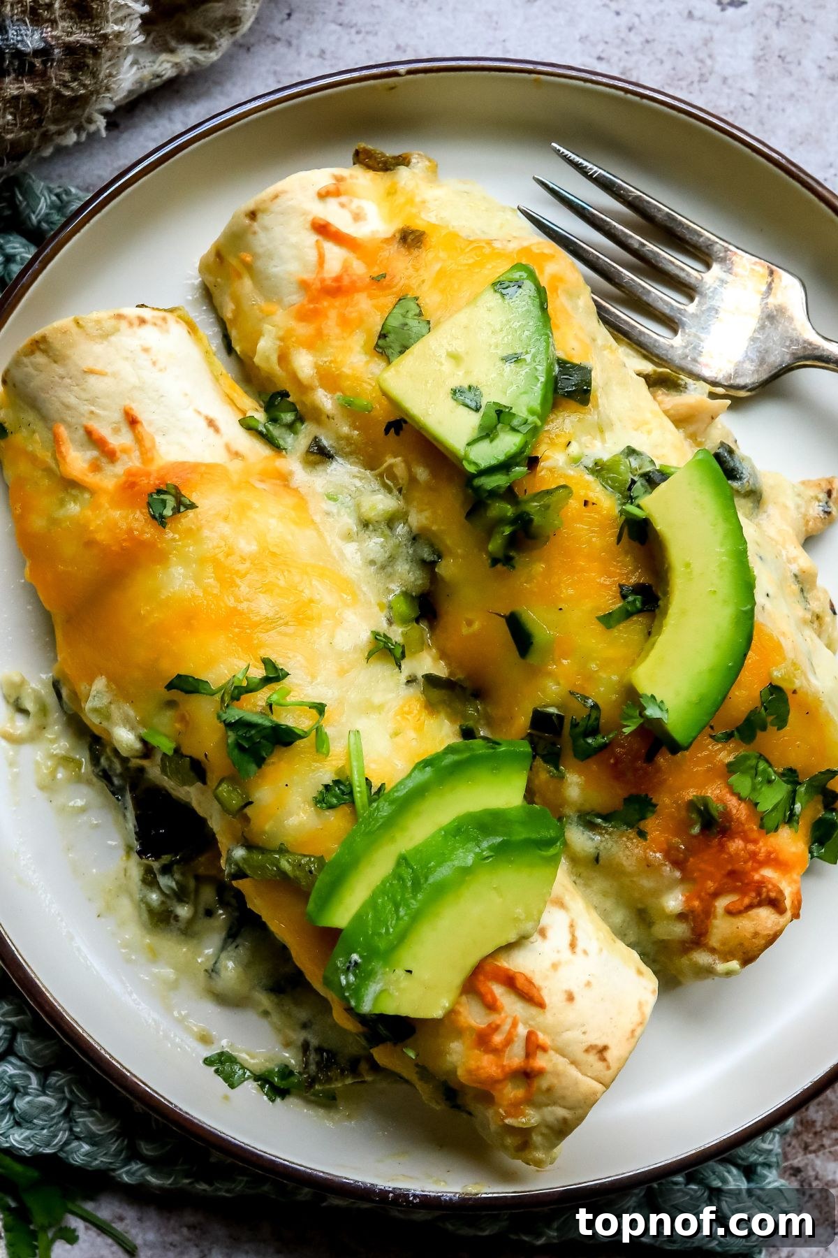 Poblano Chicken Enchiladas Recipe with Creamy Cheese Sauce 2 Poblano Chicken Enchiladas on a small plate with a silver fork to the side.