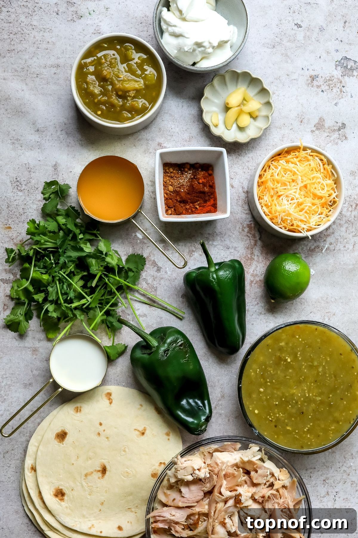 Poblano Chicken Enchiladas Recipe with Creamy Cheese Sauce 3 All the ingredients to make this recipe on a grey countertop neatly laid out.