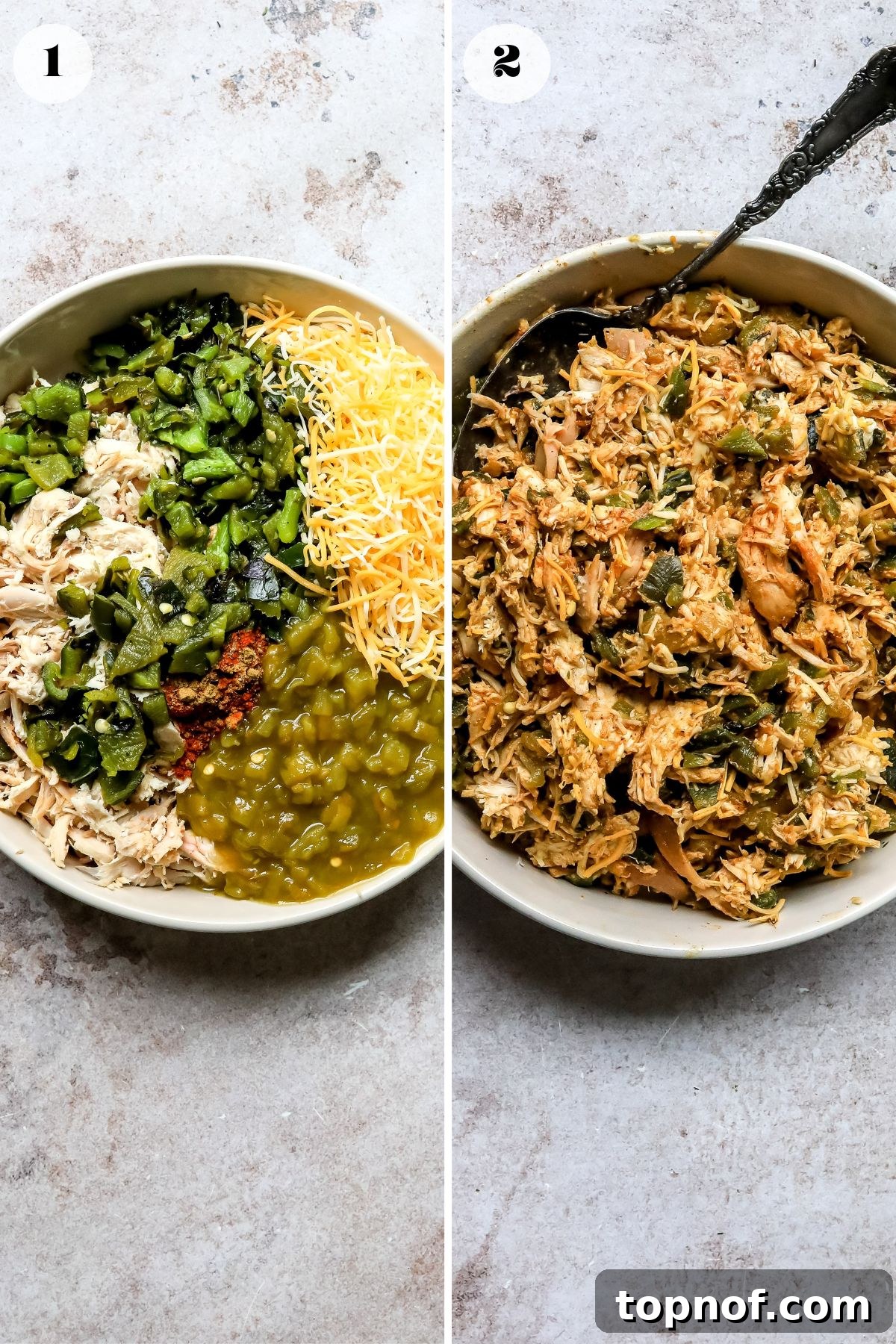 Poblano Chicken Enchiladas Recipe with Creamy Cheese Sauce 4 Steps to make this recipe in a mixing bowl with a big silver spoon.