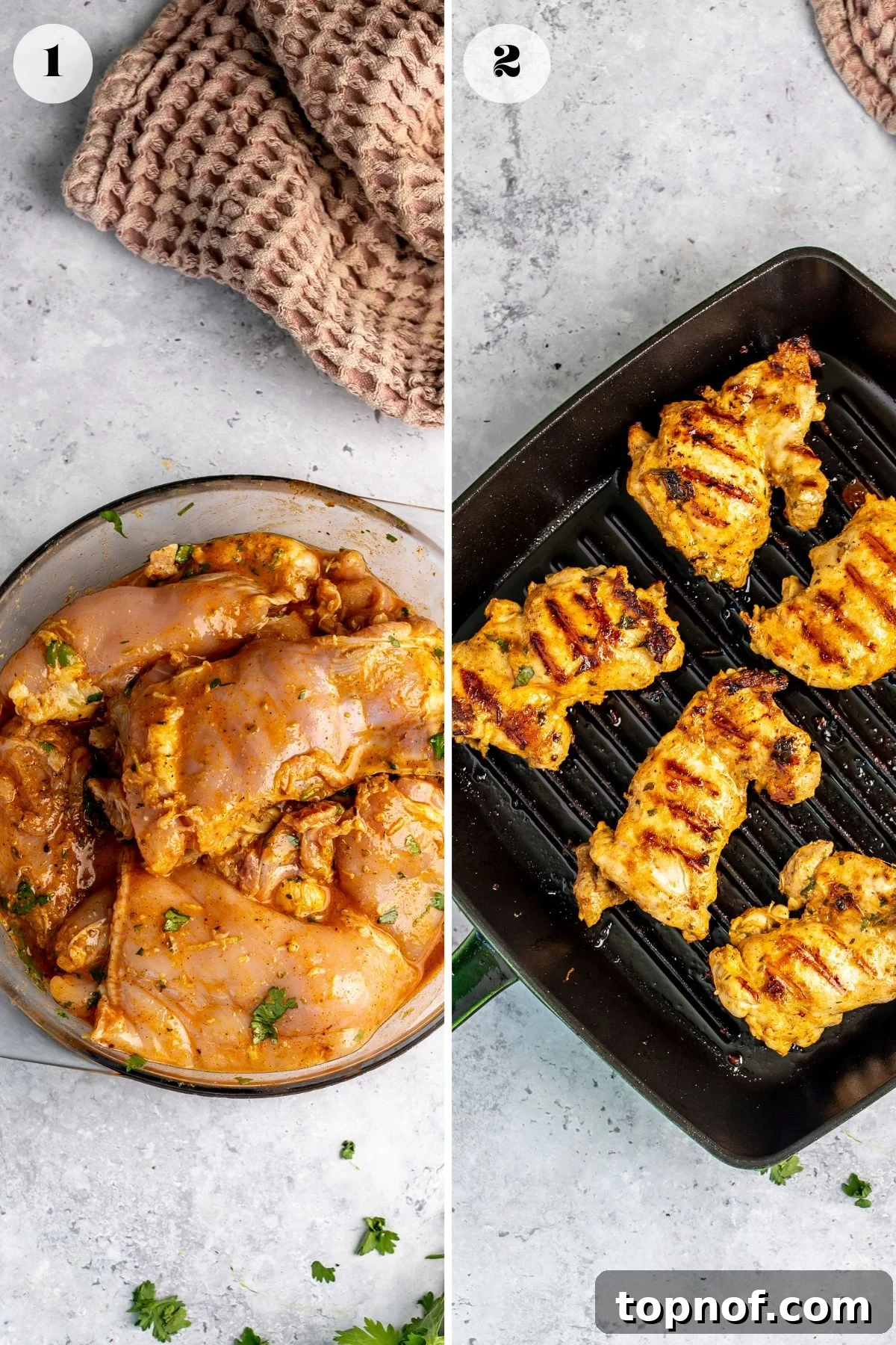 Citrus Tequila-Lime Chicken Recipe for Grilled Weeknight Meals 4 Steps to make the recipe, chicken marinating in a glass bowl and grilling on a grill pan.