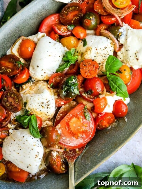 Green serving dish with tomatoes, burrata and basil. Lots of dressing and seasoning, up close