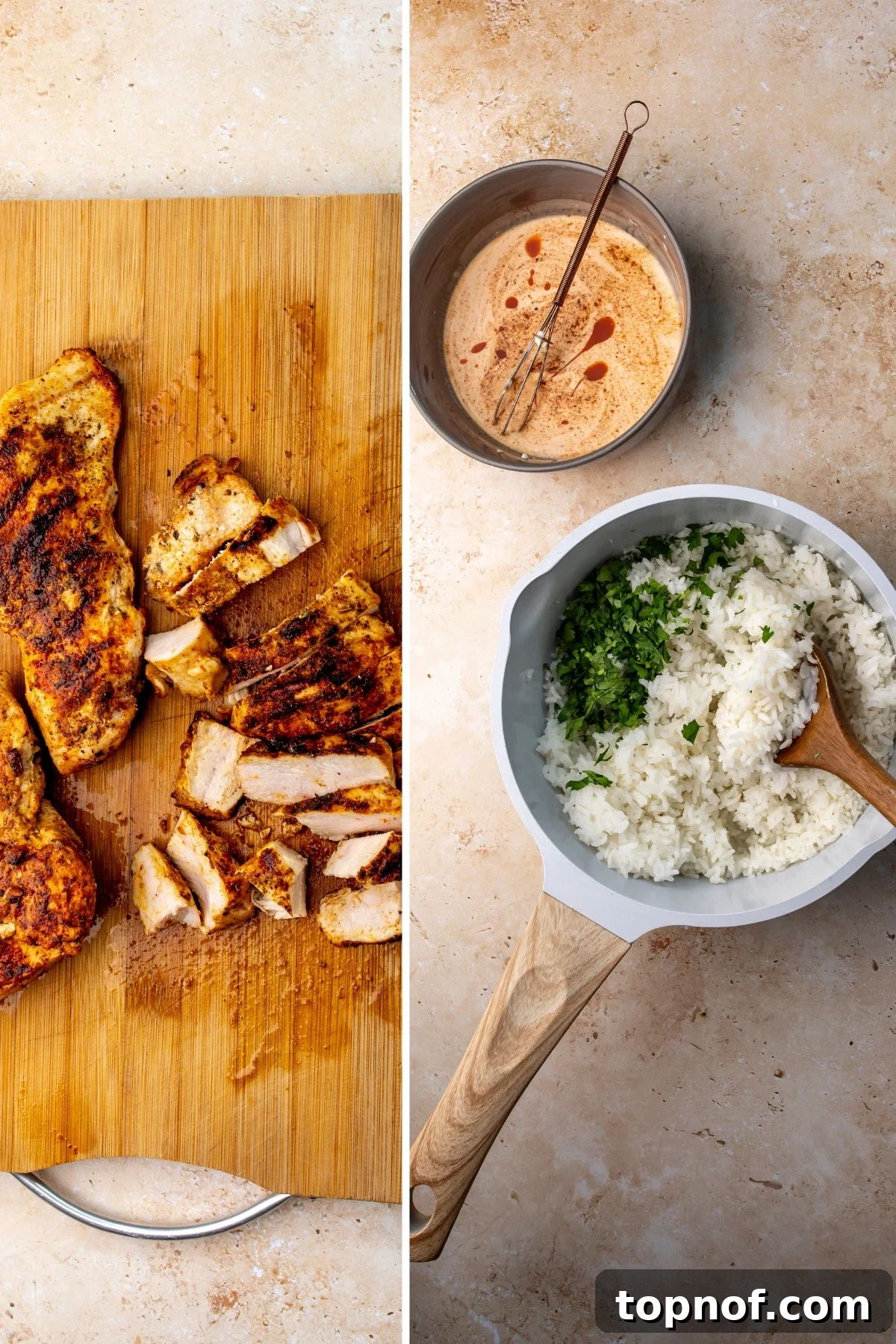 Street Corn Chicken Rice Bowls with Lime Crema 4 Chicken on a wooden cutting board and fully rice in a grey pot.