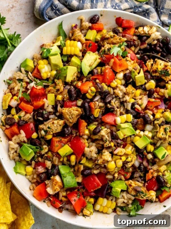 Street Corn Chicken Rice Bowls with Lime Crema 7 Beautiful black bean rice salad in a white bowl with a silver spoon and chips to the side.