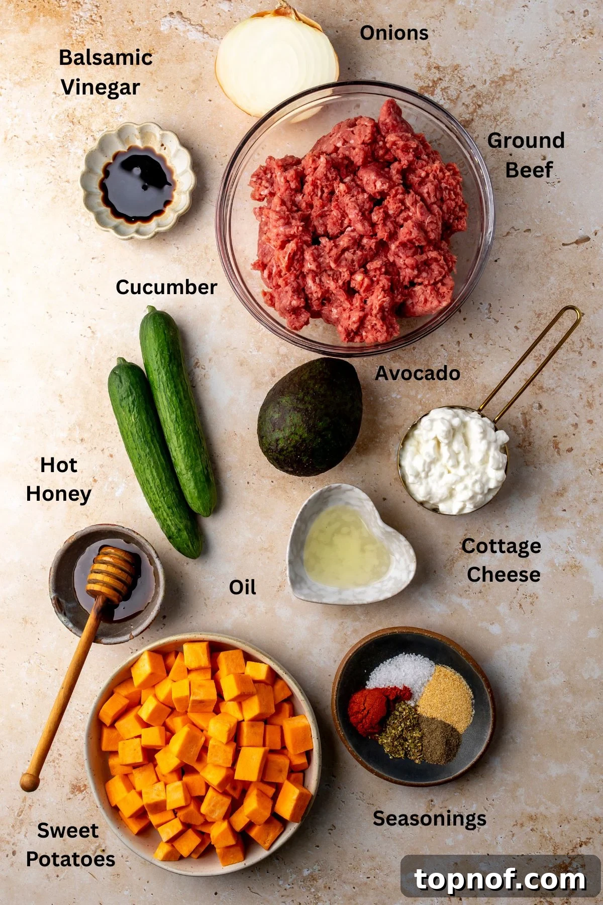 Spicy Honey Glazed Ground Beef Bowls 3 All of the ingredients for hot honey ground beef bowls in bowls on a countertop.