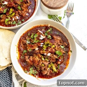 Slow Cooker Beef Birria Tacos with Dipping Consomme 10 Slow cooker birria in a white bowl on a countertop garnished with chopped cilantro and onion.