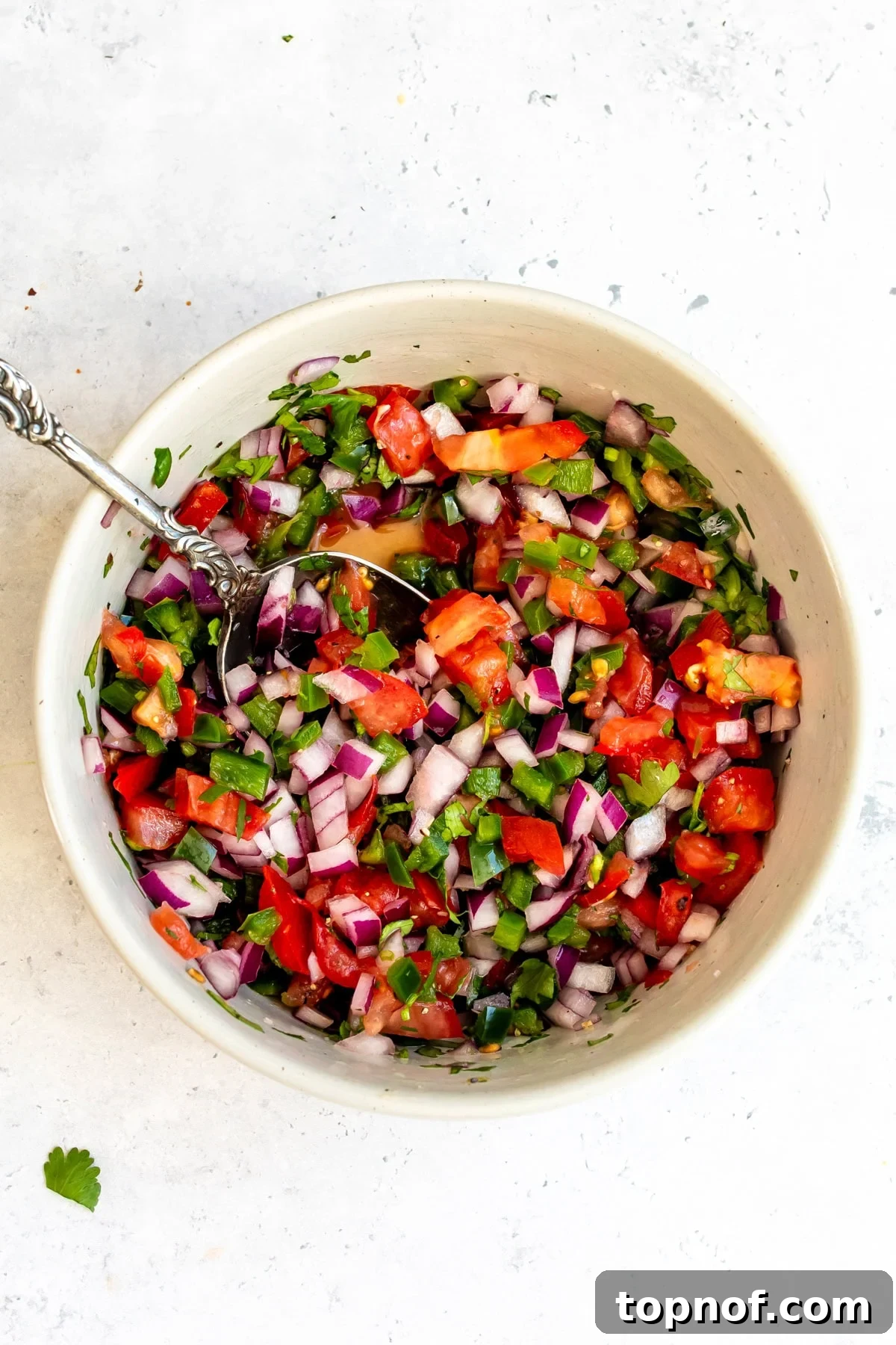 The pico in a white bowl on the countertop.